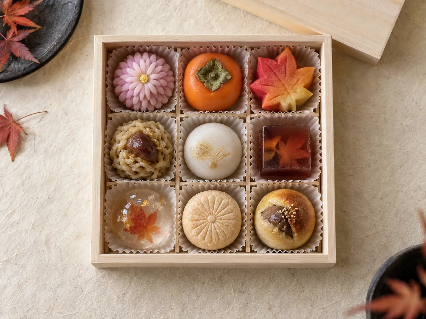 白木の箱に、九つの秋の生菓子を三列に詰めた様子