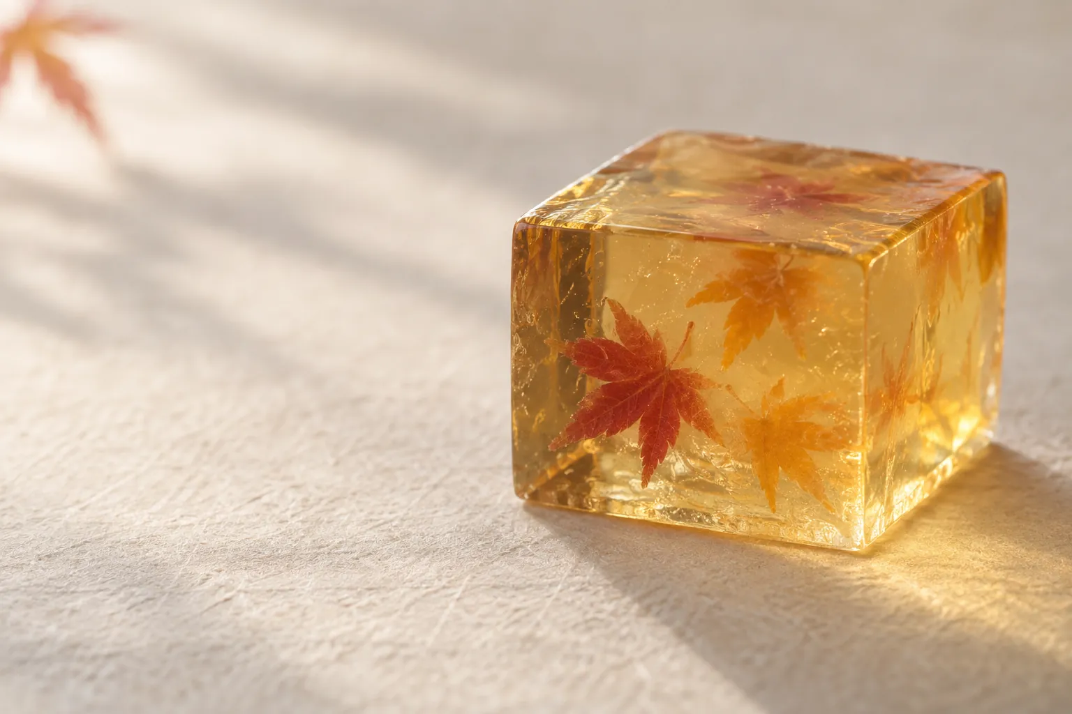 紅葉を閉じ込めた、琥珀色の錦玉羹の接写