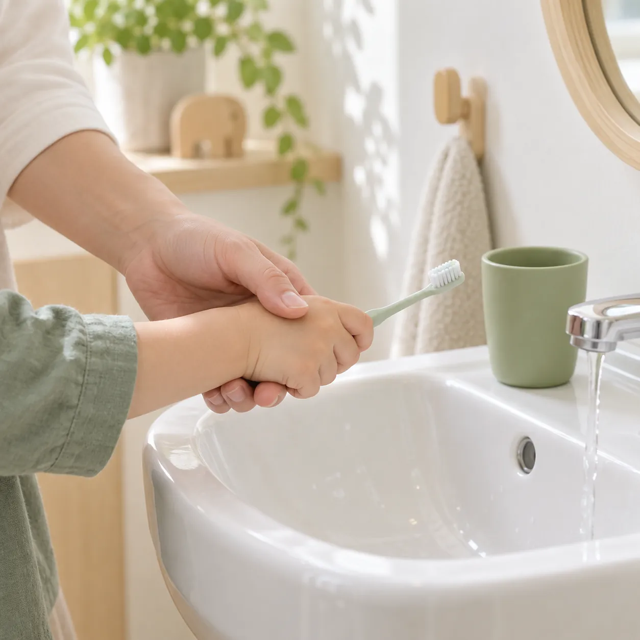 小さな歯ブラシを持つ子どもの手と、仕上げみがきを手伝う大人の手