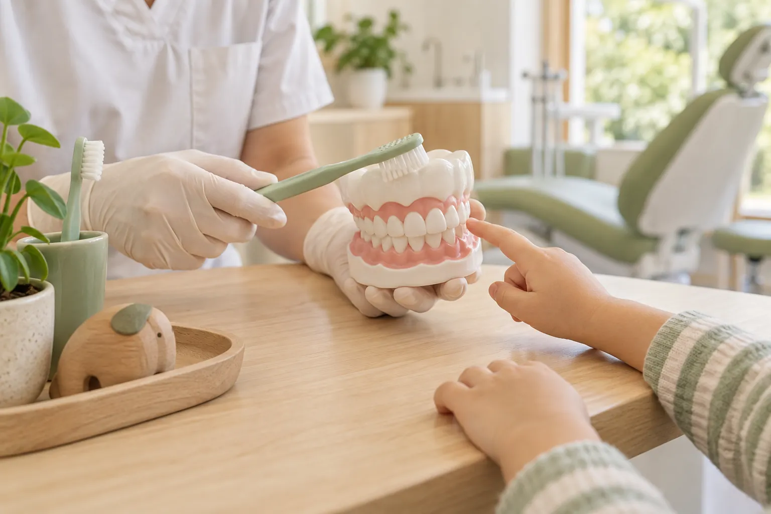 大きな歯の模型と歯ブラシを、子どもの手に見せる歯科医師の手