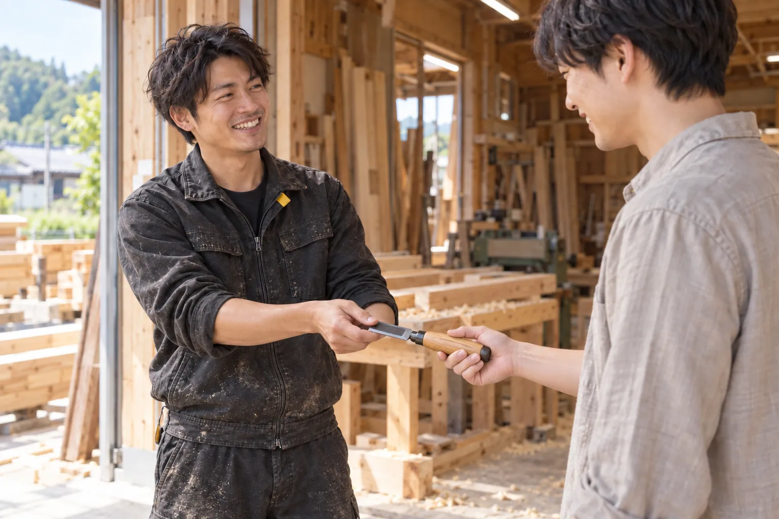 作業場の入口で、見学に来た人にのみを手渡して笑う大工