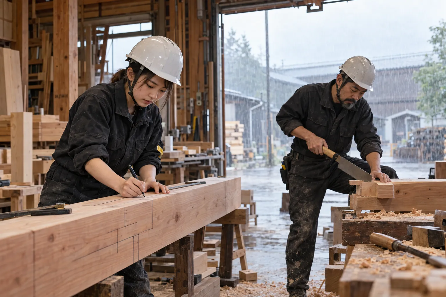 雨の日、大きな戸を開けた作業場で刻みをする大工たち