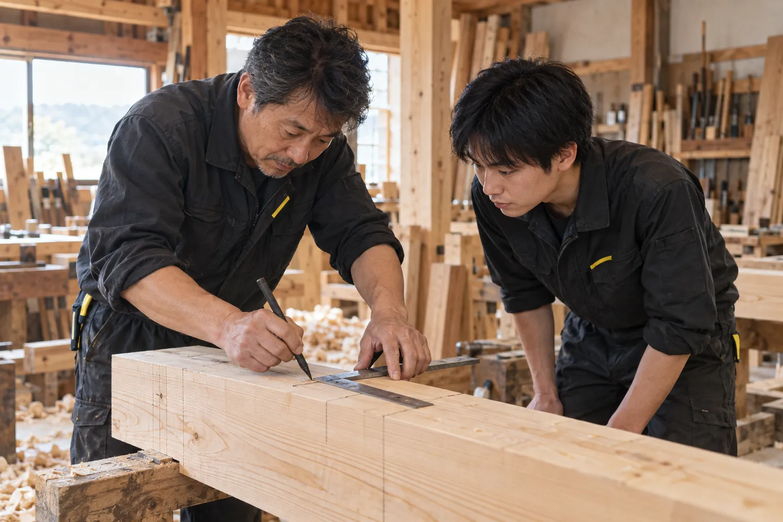 棟梁が、見習いに梁への墨付けを教える様子
