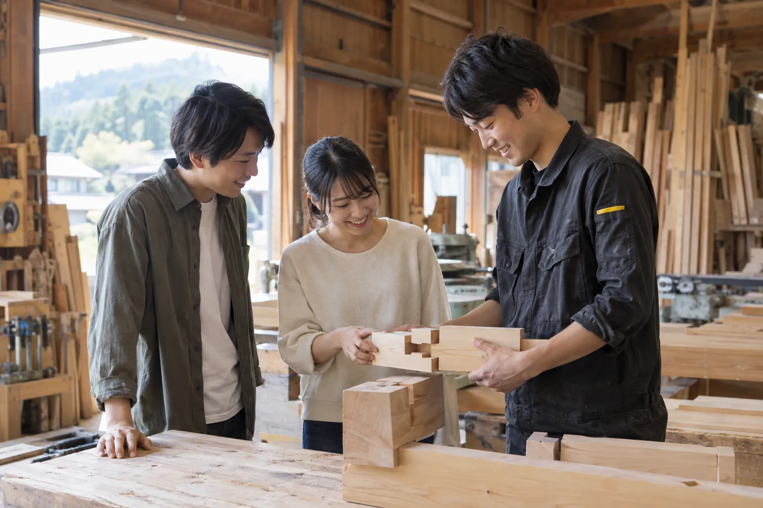 作業場を見学に来た2人に、継手の見本を見せて説明する大工