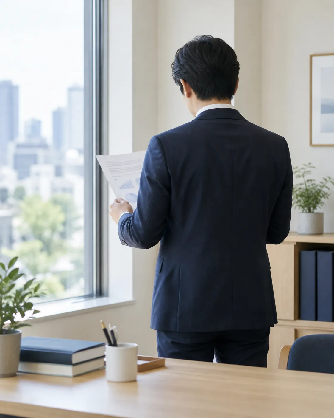 窓辺に立ち、書類に目を通す税理士の後ろ姿