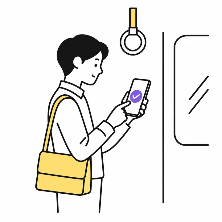 電車の中でスマホの承認ボタンを押す人のイラスト