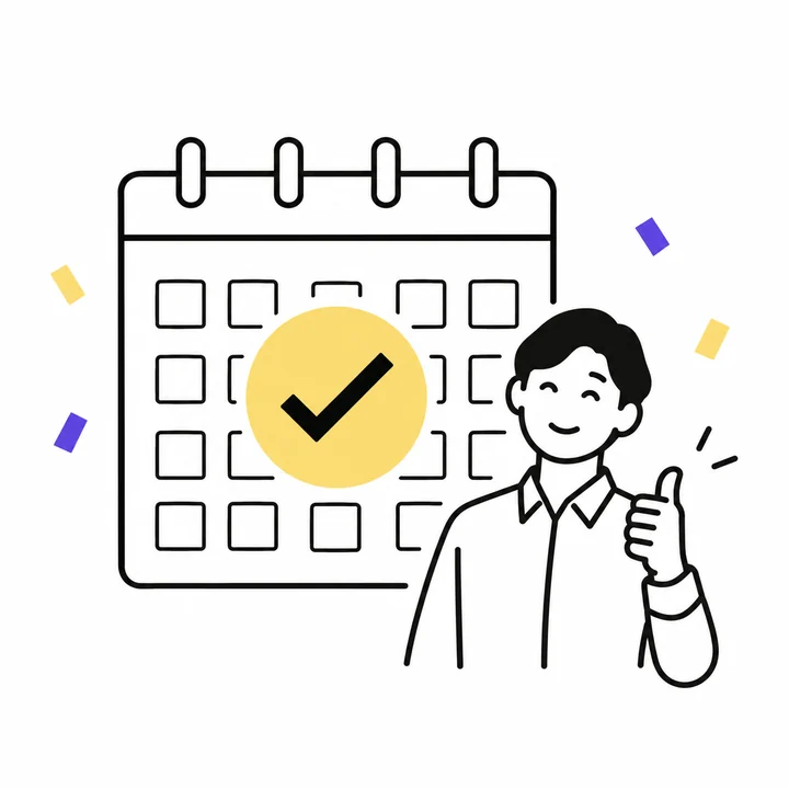 カレンダーに丸とチェックをつけて喜ぶ人のイラスト