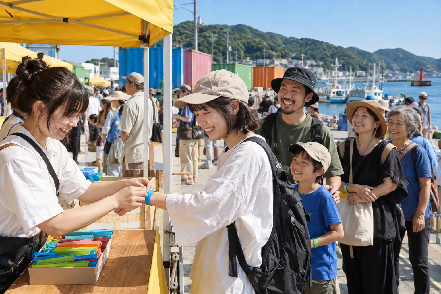 朝市の受付で、リストバンドを巻いてもらう
