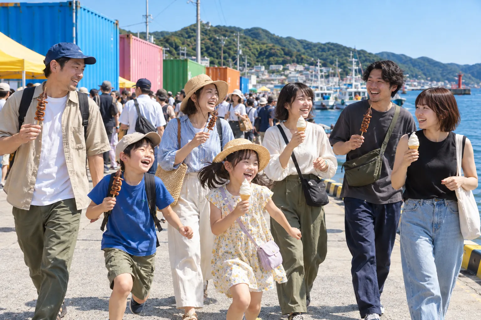 いか焼きとアイスを手に、岸壁を歩く家族と友だち
