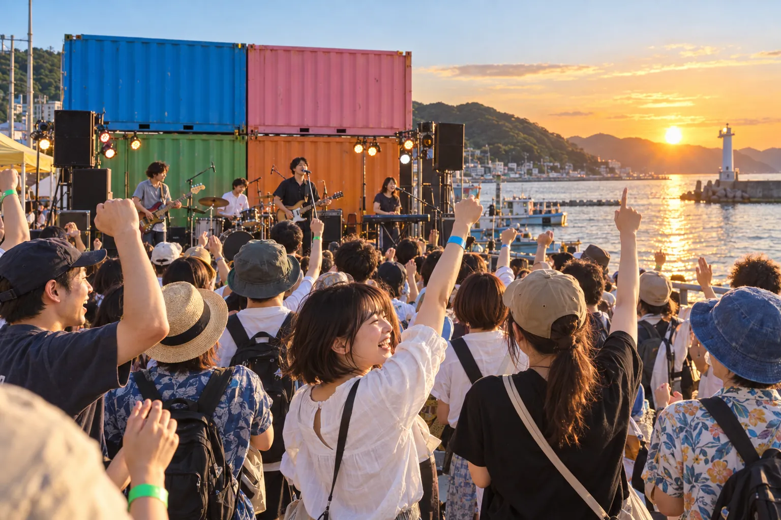 夕焼けの桟橋で、コンテナの舞台を観る人たち