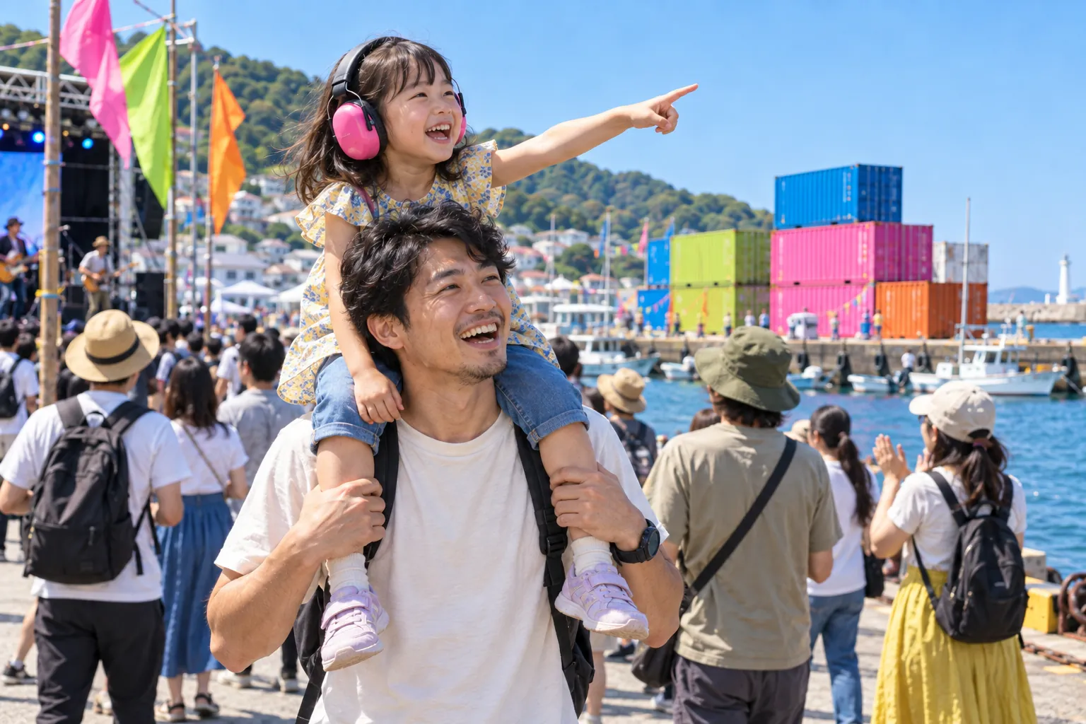 イヤーマフを付けた子どもを肩車して、ステージを観る父親