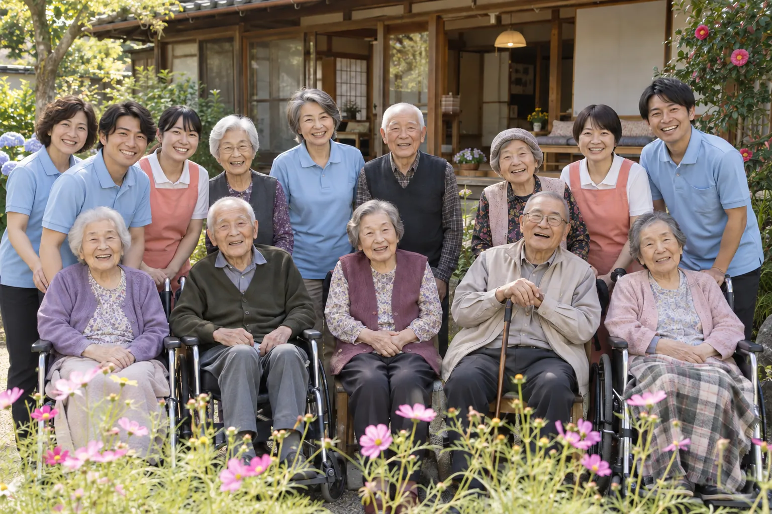 庭に集まった施設長・職員・入居者のみんな
