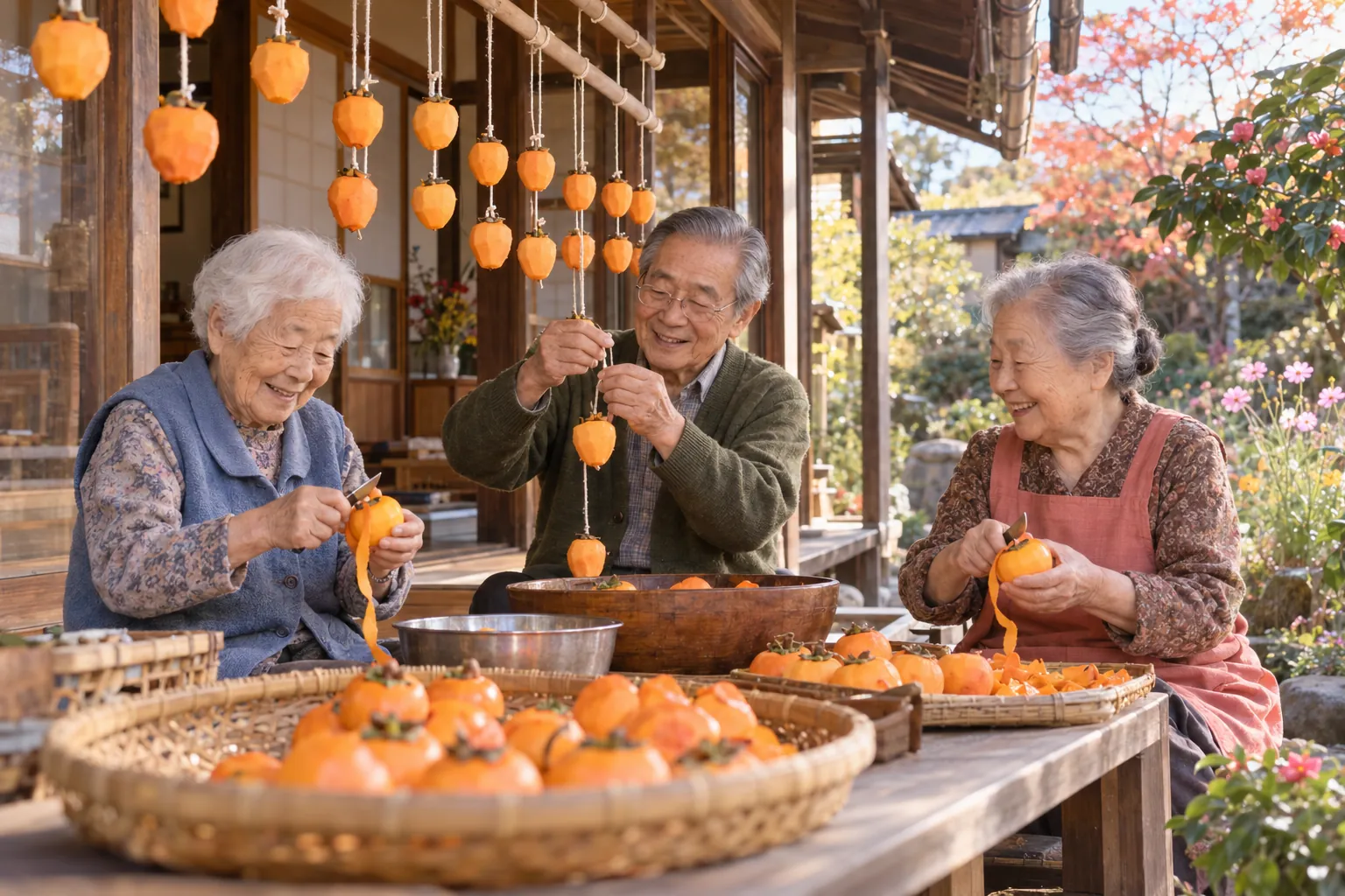 庭の柿をむいて、軒下に干し柿。