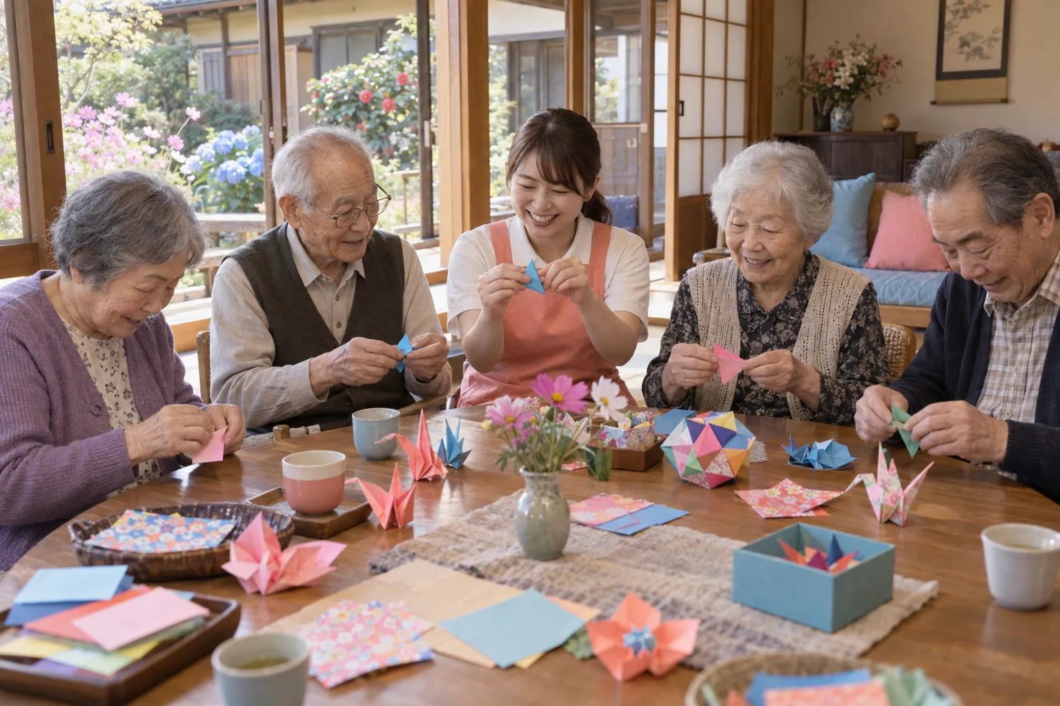 通いの方たちが、職員と一緒に折り紙をしている