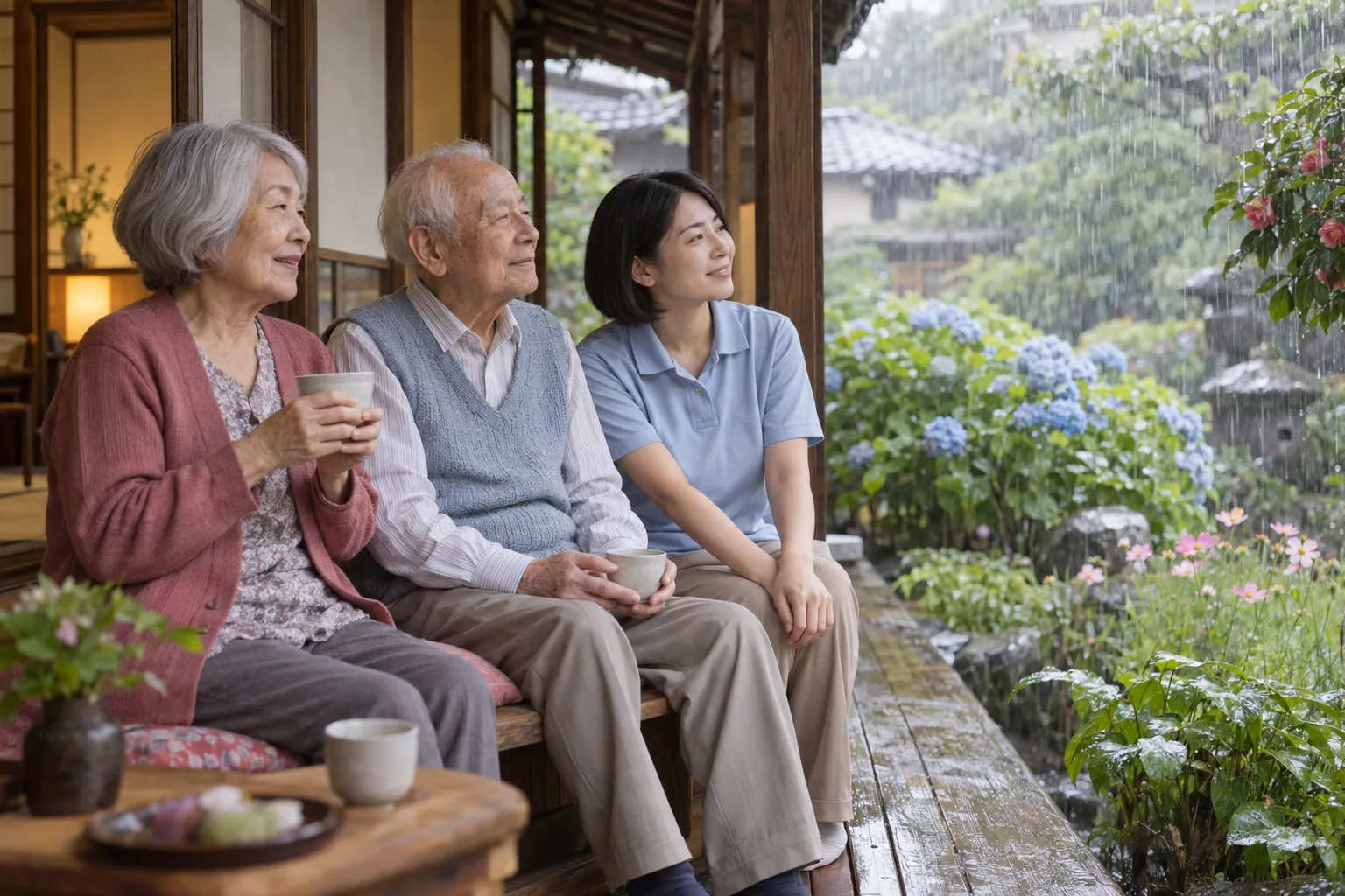 雨の日、縁側でお茶を飲みながら庭を眺める入居者と職員
