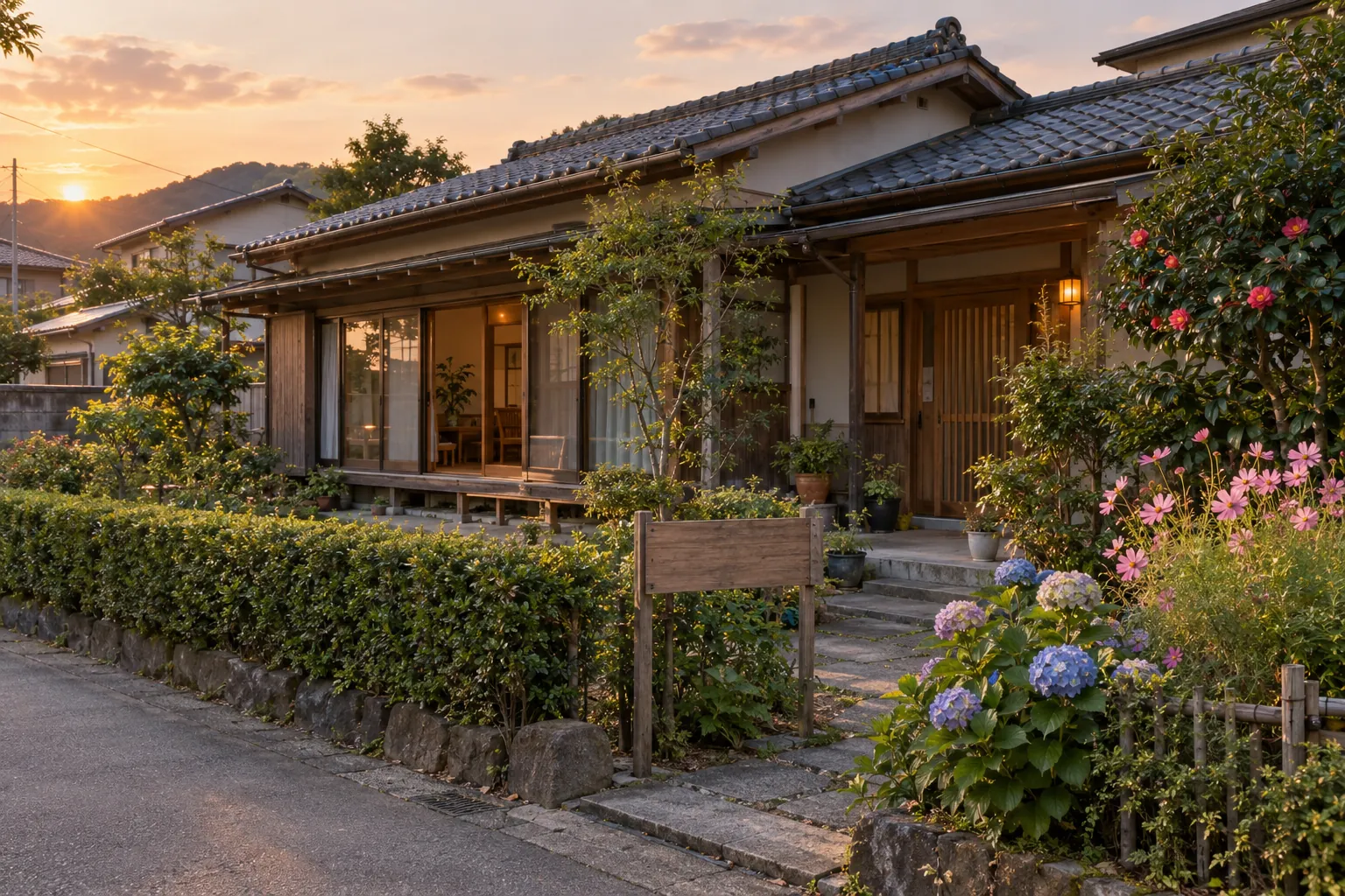 静かな住宅街に建つ、木造平屋の外観
