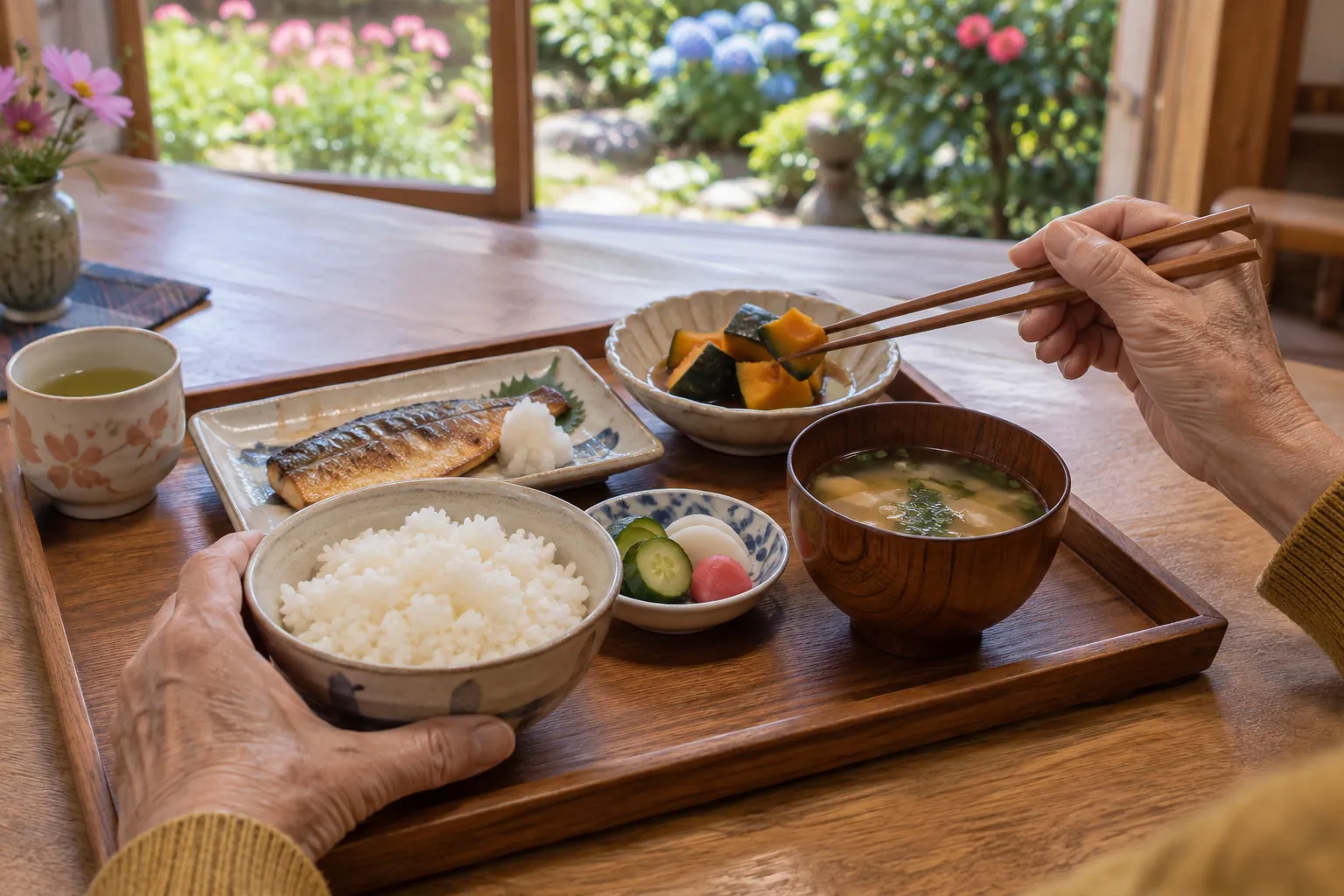 ごはん、みそ汁、焼き魚、かぼちゃの煮物が並ぶお膳と、はしを持つ手