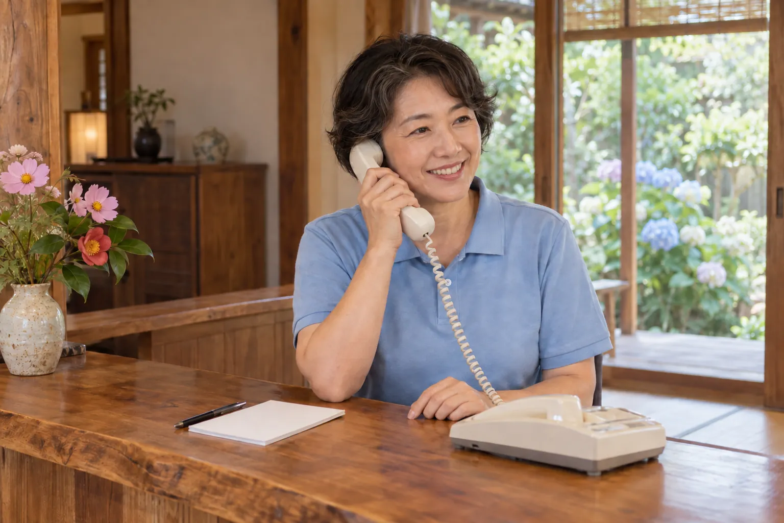 受付の机で、笑顔で電話に出る職員