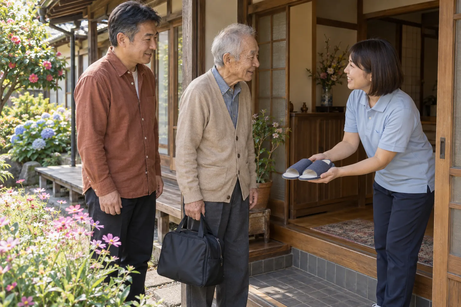 小さなかばんを持って玄関に着いた男性と息子を、職員が迎えている