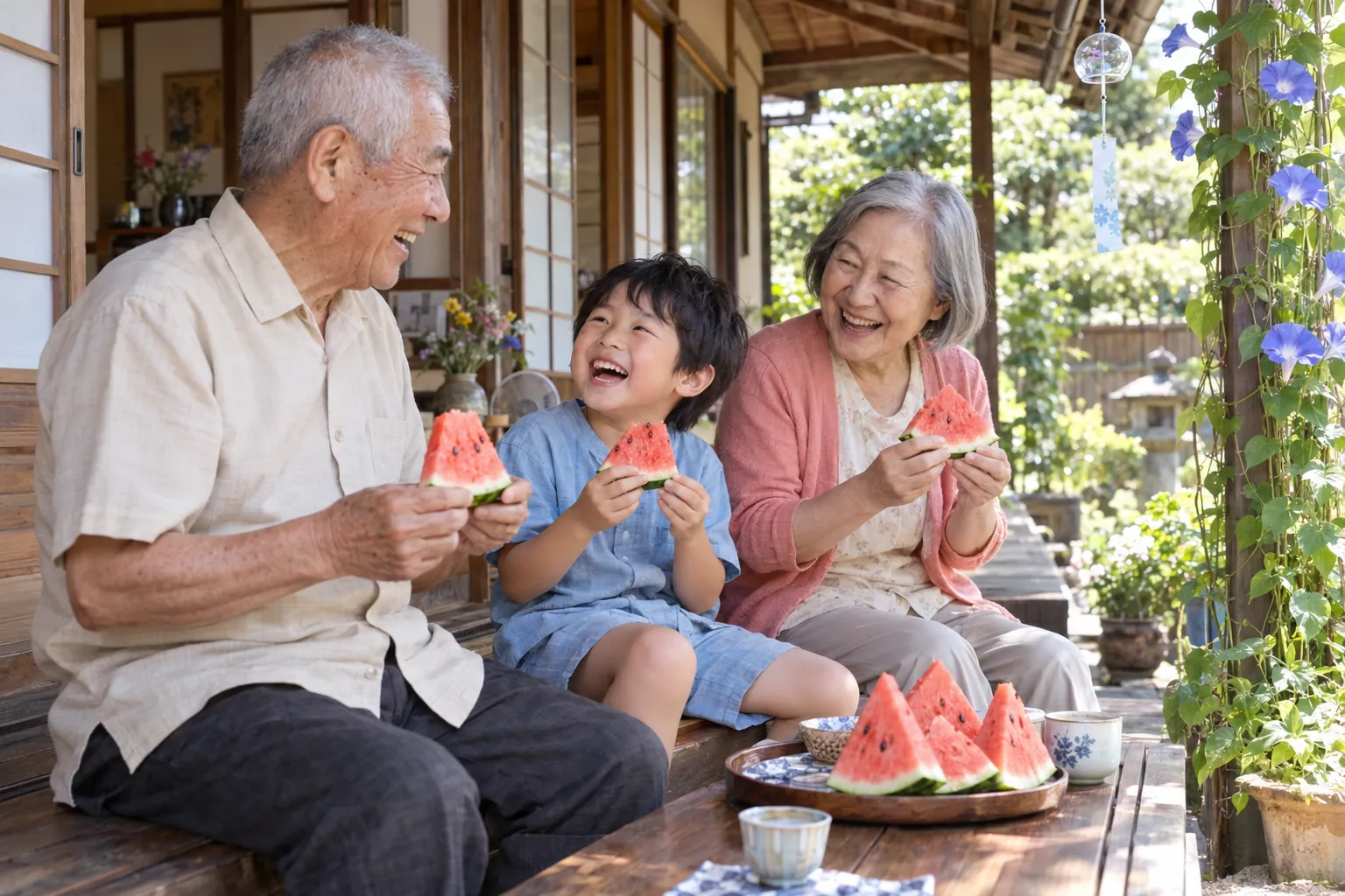 縁側ですいか。ひ孫さんも遊びに来ます。