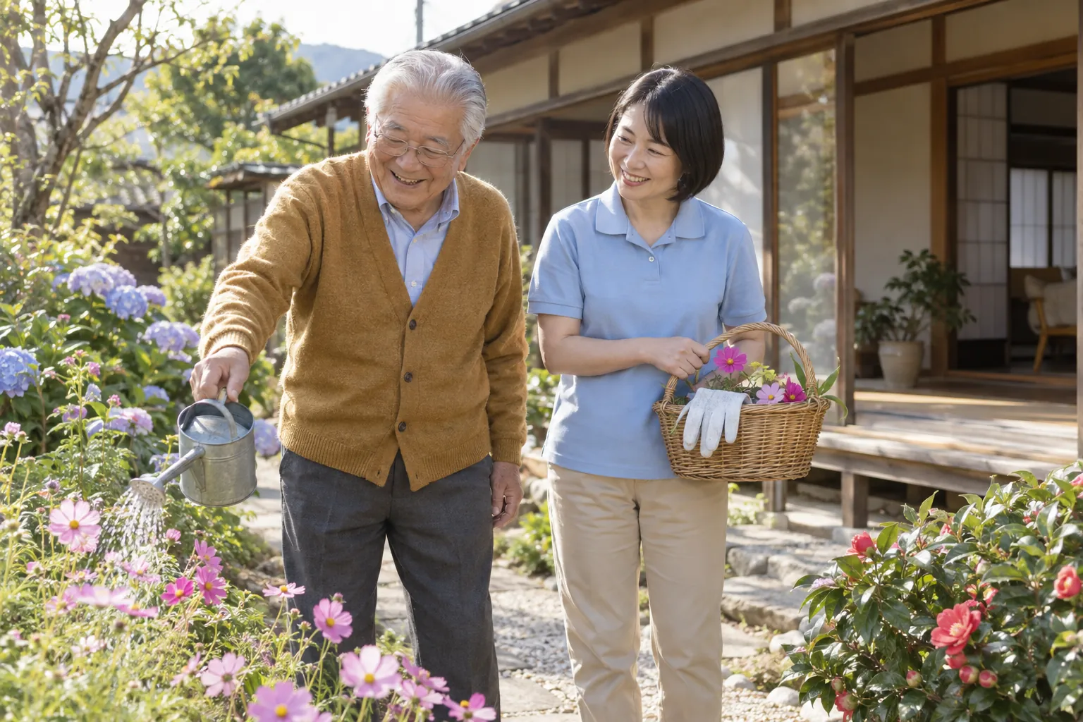 じょうろで花壇に水をやる男性と、かごを持つ職員