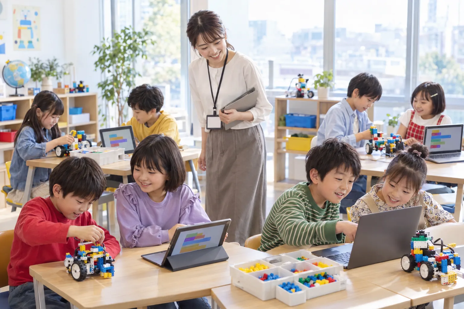 木の机で、子どもたちがロボットやタブレットに取り組む教室のようす