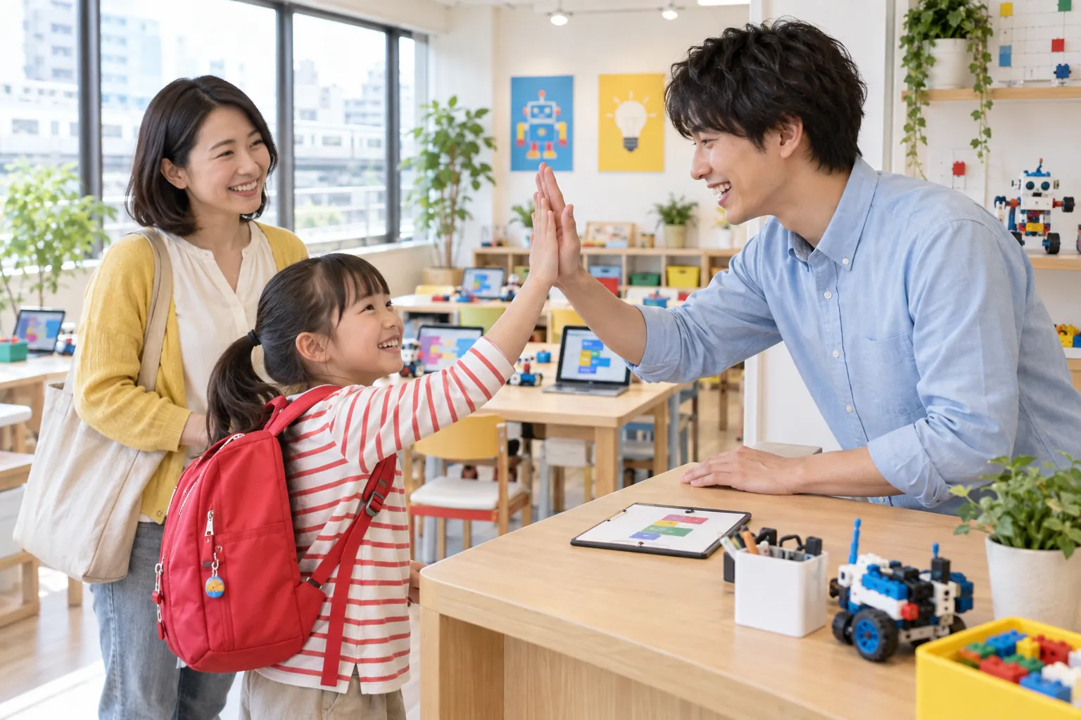 教室の受付で、到着した女の子と先生がハイタッチしている