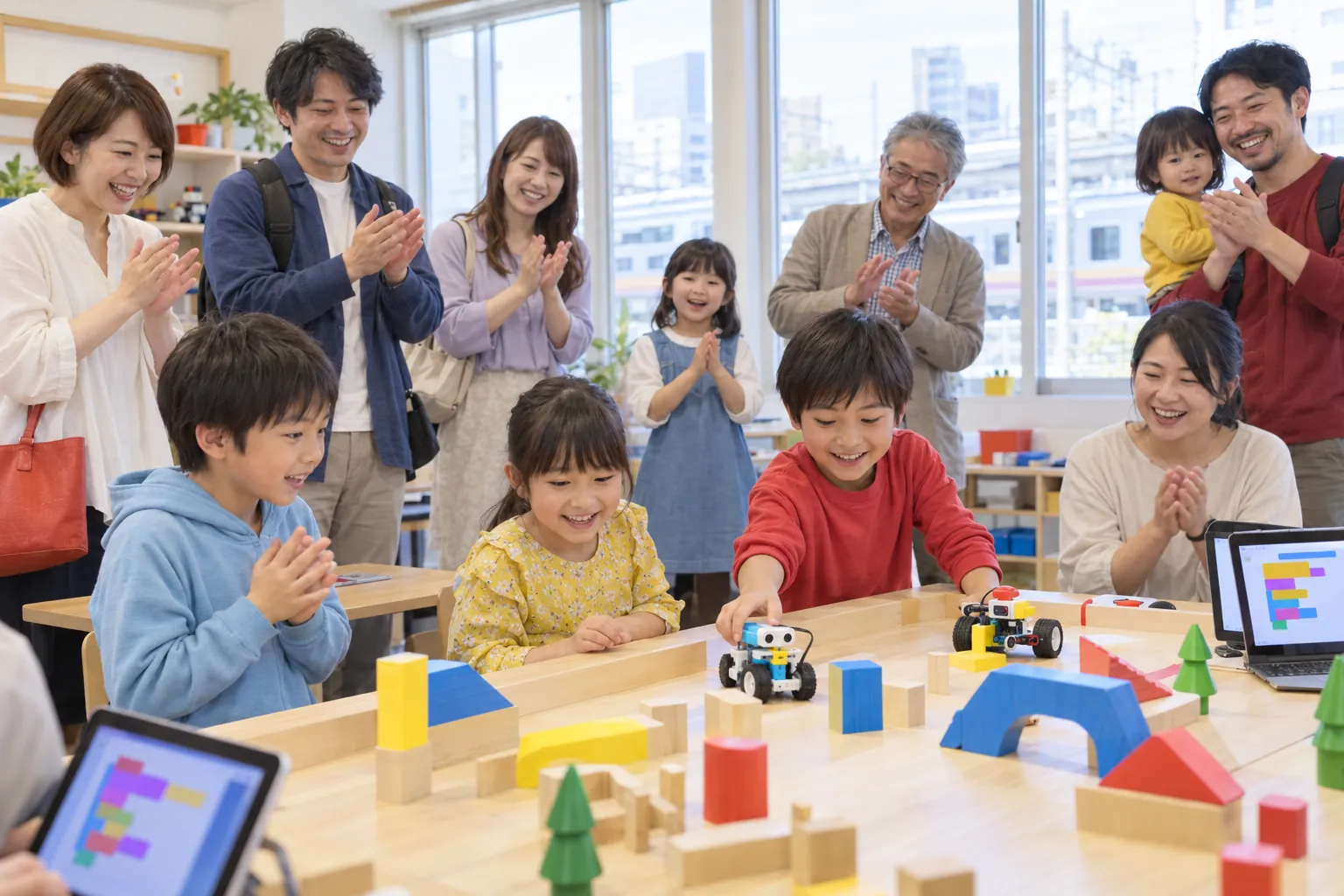 発表会で、子どものロボットに拍手する保護者たち