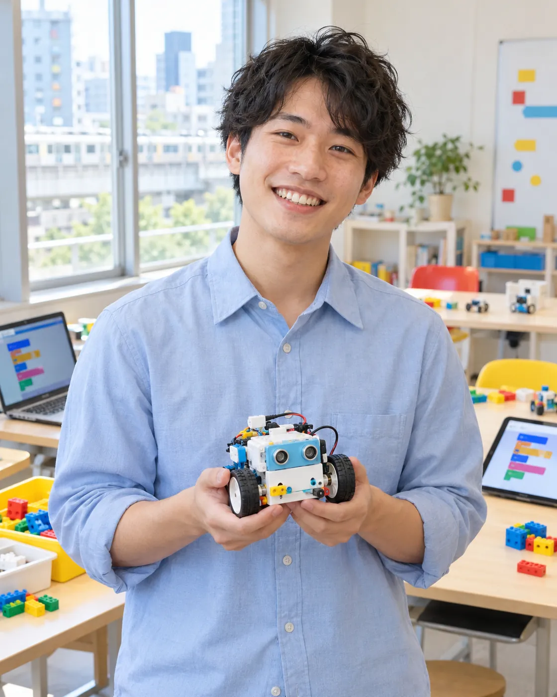 小さなロボットを持って笑う大学生の先生