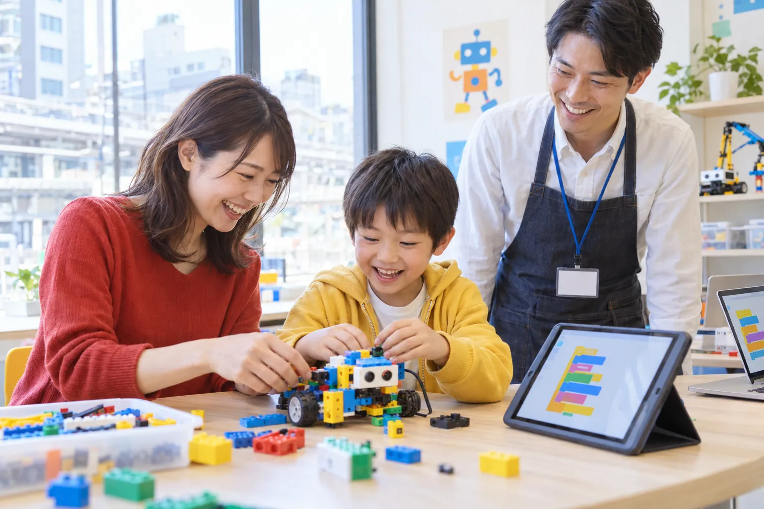 親子で一緒にブロックのロボットを組み、笑っている