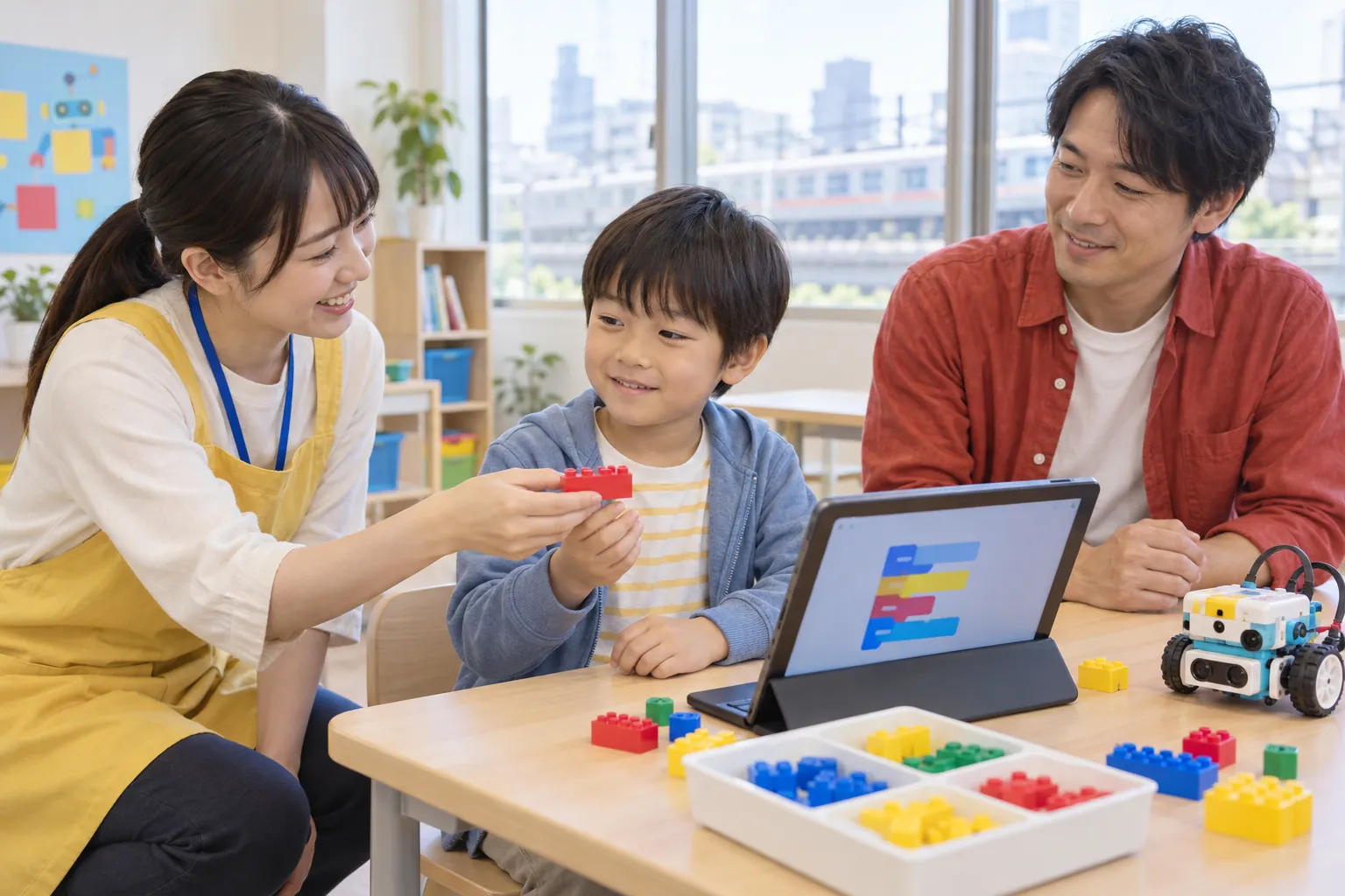 はじめての体験で、先生から最初のブロックを受け取る男の子