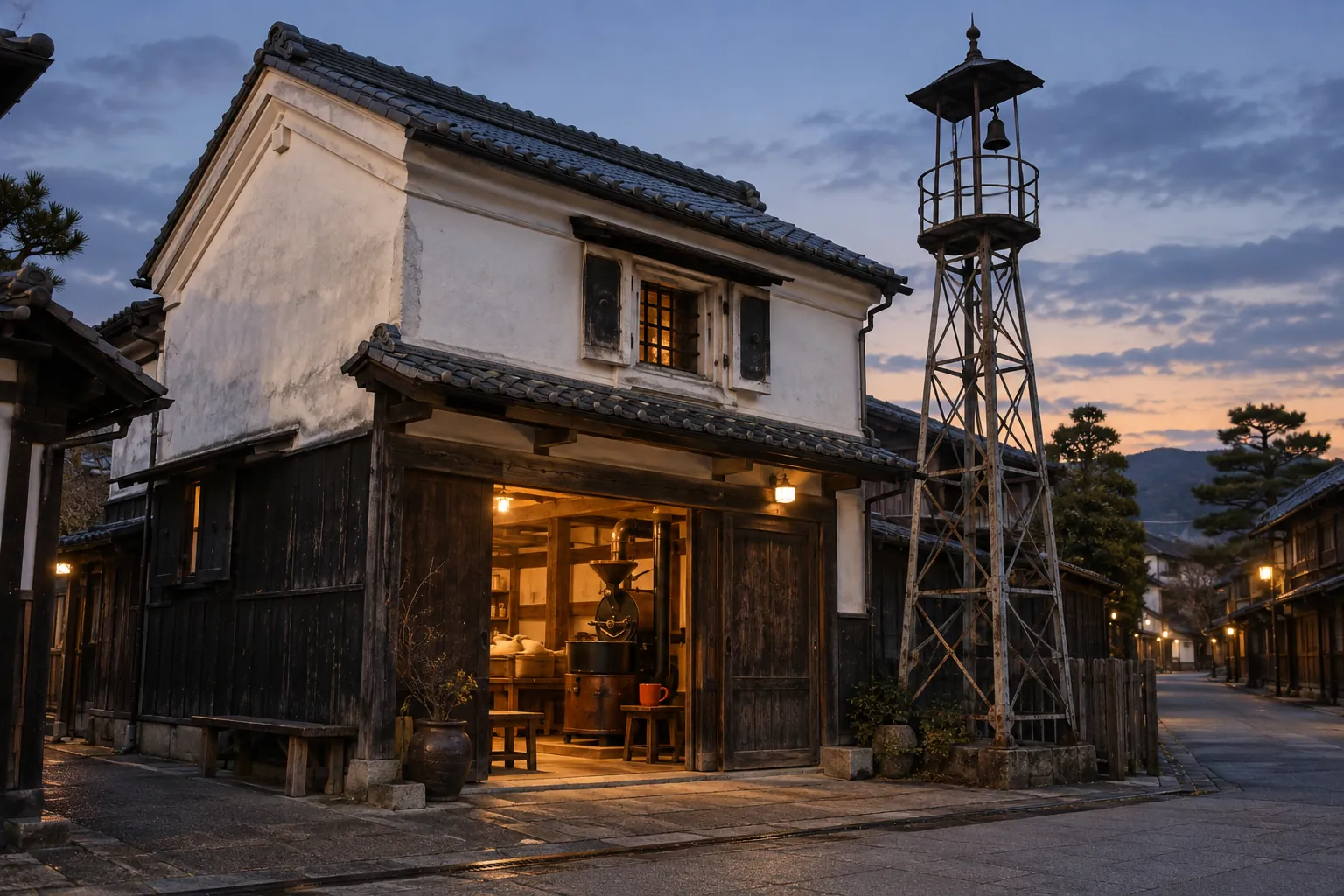 夕暮れの町並みに建つ白い漆喰の米蔵と、その横の火の見櫓