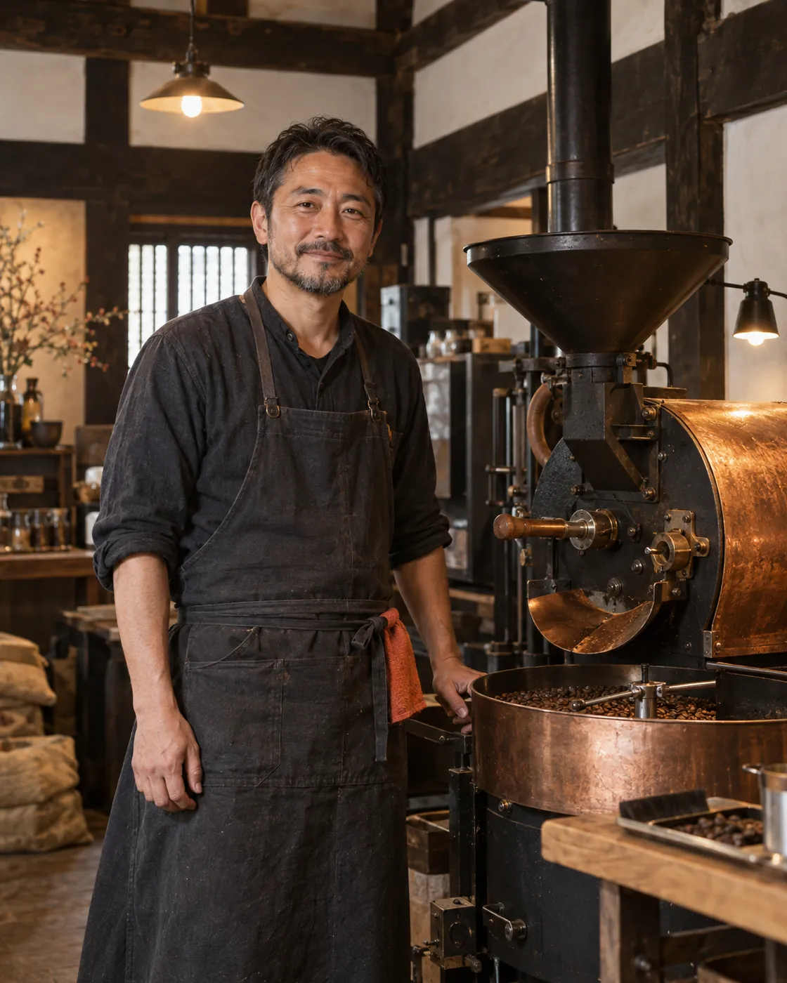 焙煎機の横に立つ店主
