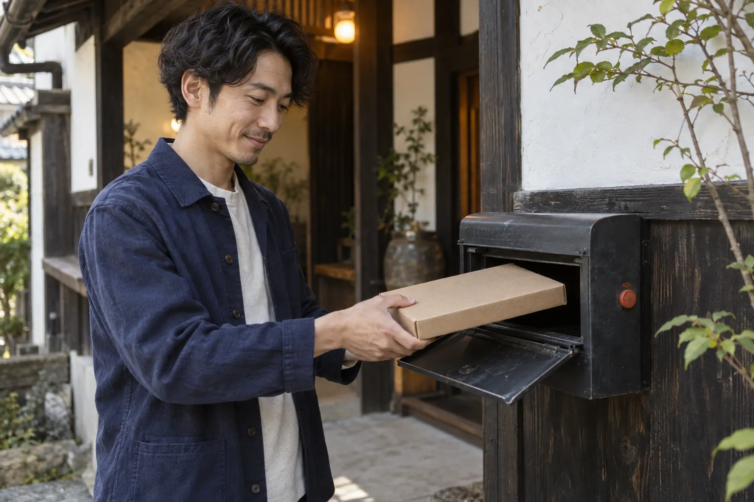 郵便受けから、薄い定期便の箱を取り出す男性